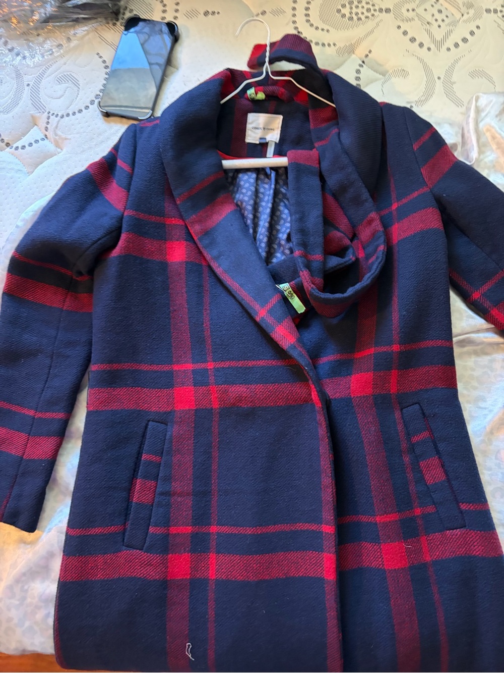 COURT & ROWE Navy and Red Plaid Shawl-Collar Pea Coat